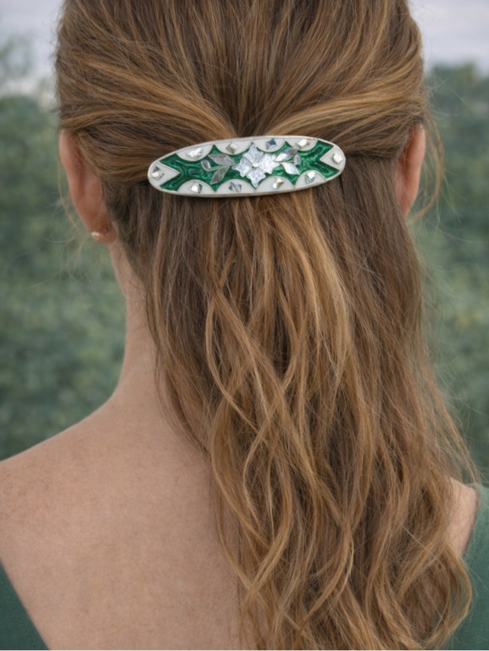 Vintage Alpaca Mexico Abalone Shell & Green Enamel Inlay Hair Barrette